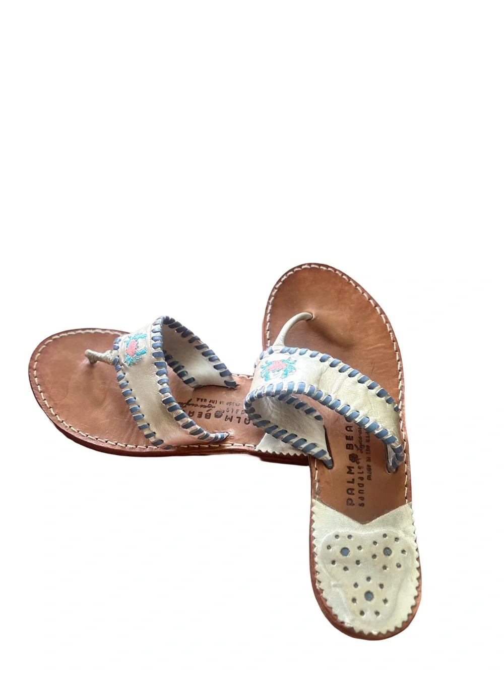 Palm Beach Sandals Handmade Leather Crab Embroidered Flip Flop Sandals, Sz 6